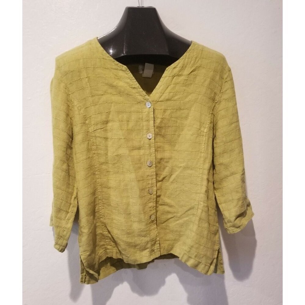 Mosaic USA Womens Check Textured Linen Shirt XL Yellow Button Down 3/4 Sleeve